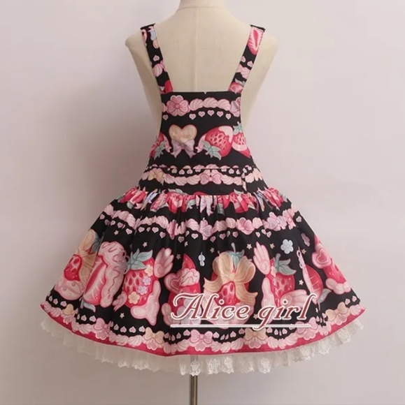Alice Girl Cream Strawberry Sweet Lolita Salopettes Dress SZ S - Picture 2 of 2